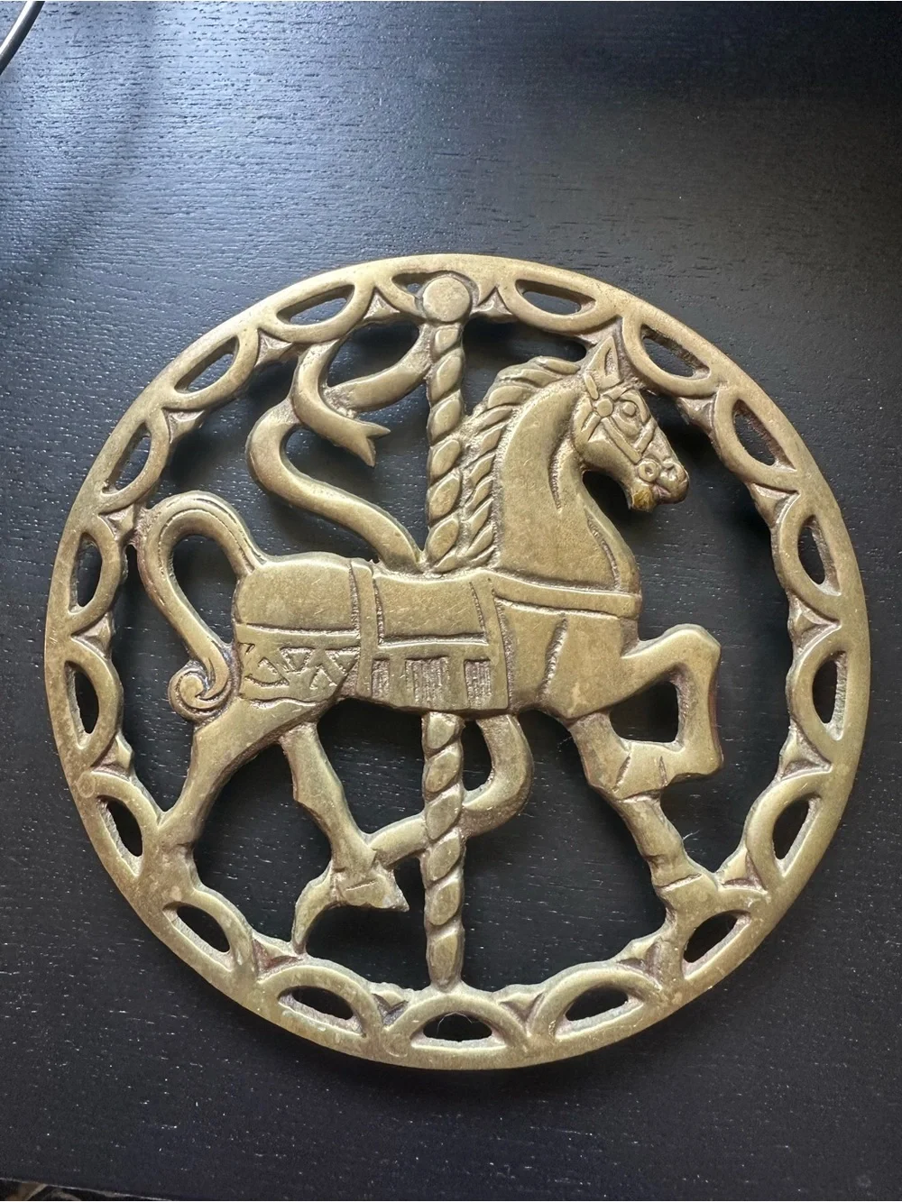 VTG Brass Carousel Horse Trivet Potholder Kitchen Decor Hanger 6”. From Korea